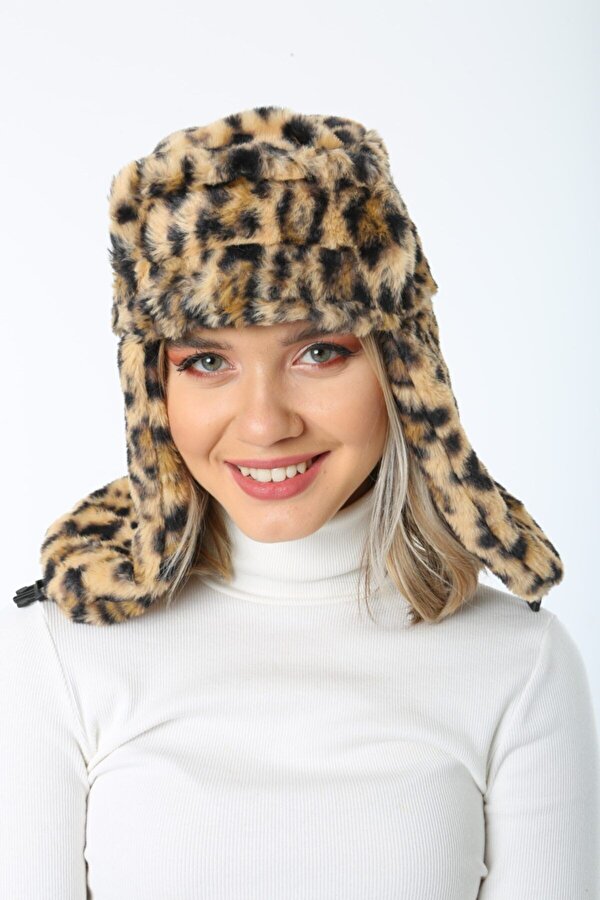 Leopar Suni Kürklü Kulaklıklı Kadın Şapka