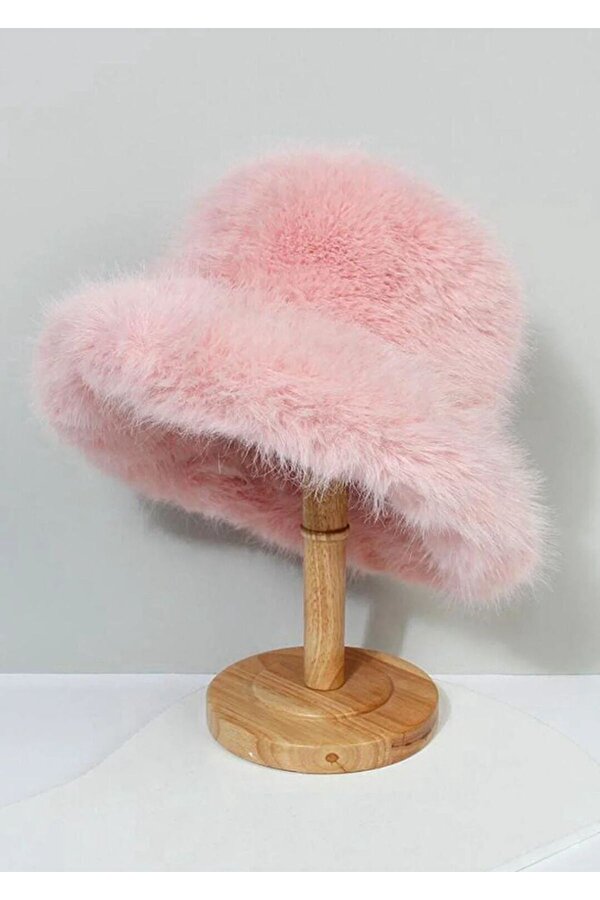 Pembe Yumuşak Dokulu Peluş Kalpak Kadın Şapka