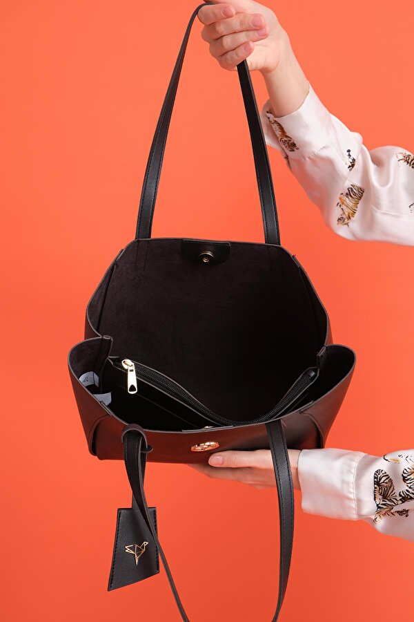 Sofia Mıknatıs Kapamalı Geniş Fermuar Bölmeli Orta Boy Kadın Omuz Kol Çantası Siyah