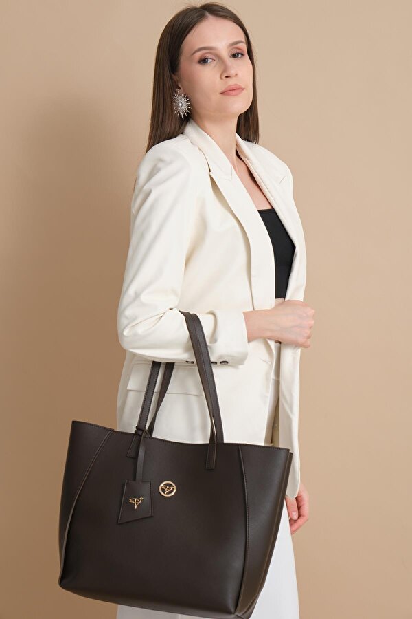 Sofia Mıknatıs Kapamalı Geniş Fermuar Bölmeli Büyük Boy Kadın Omuz Kol Çantası Kahverengi