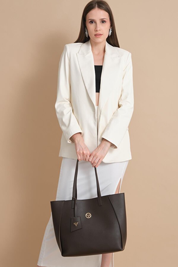 Sofia Mıknatıs Kapamalı Geniş Fermuar Bölmeli Büyük Boy Kadın Omuz Kol Çantası Kahverengi