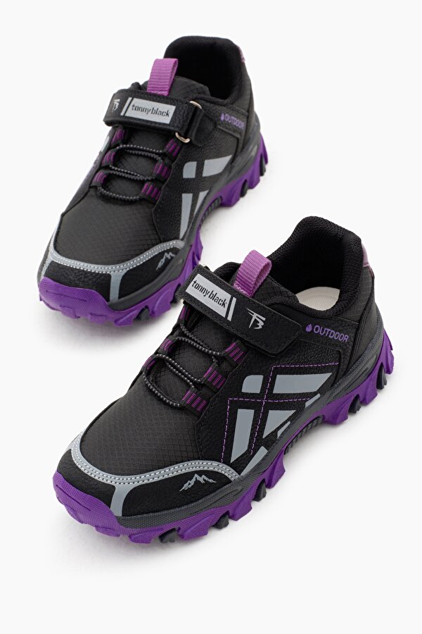 Çocuk Unisex Siyah Mor Termo Taban Su İtici Kumaş Cırtlı Trekking Ayakkabı