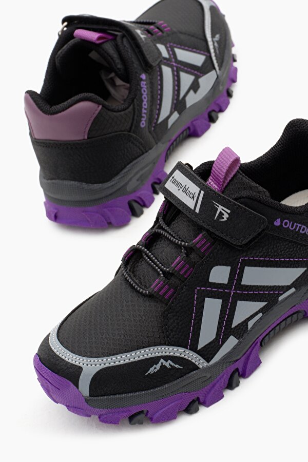 Çocuk Unisex Siyah Mor Termo Taban Su İtici Kumaş Cırtlı Trekking Ayakkabı