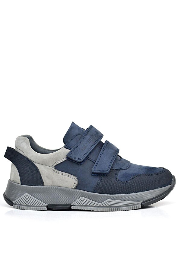 Hakiki Deri Lacivert Cırtlı Gri Tabanlı Çocuk Sneakers Spor Ayakkabı