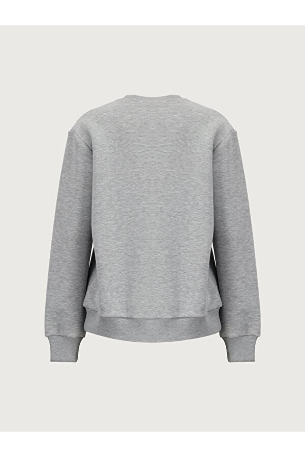 Sıgn Baskılı Sıfır Yaka Uzun Kollu Basıc Gri Sweatshırt