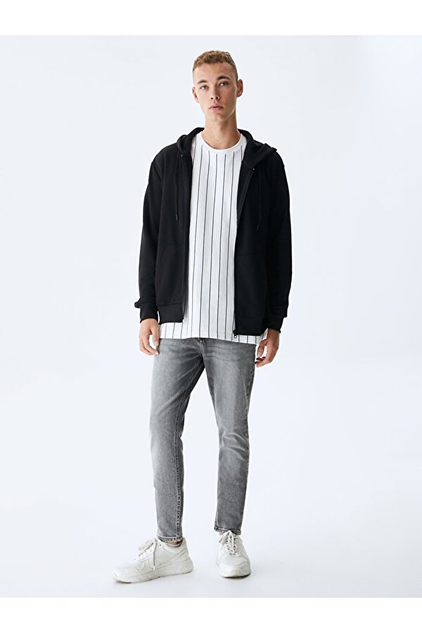 Düz Kapüşonlu Fermuarlı Regular Fit Siyah Sweatshırt