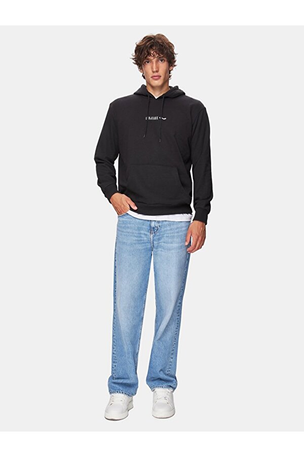 Baskılı Kapüşonlu Siyah Sweatshırt