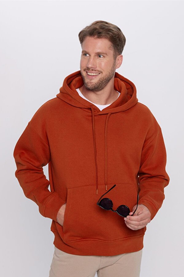 Unisex Oversize Geniş Kesim Pamuklu Yumuşak Dokulu İçi Polarlı Basic Kiremit Renk Kapüşonlu Sweatshirt