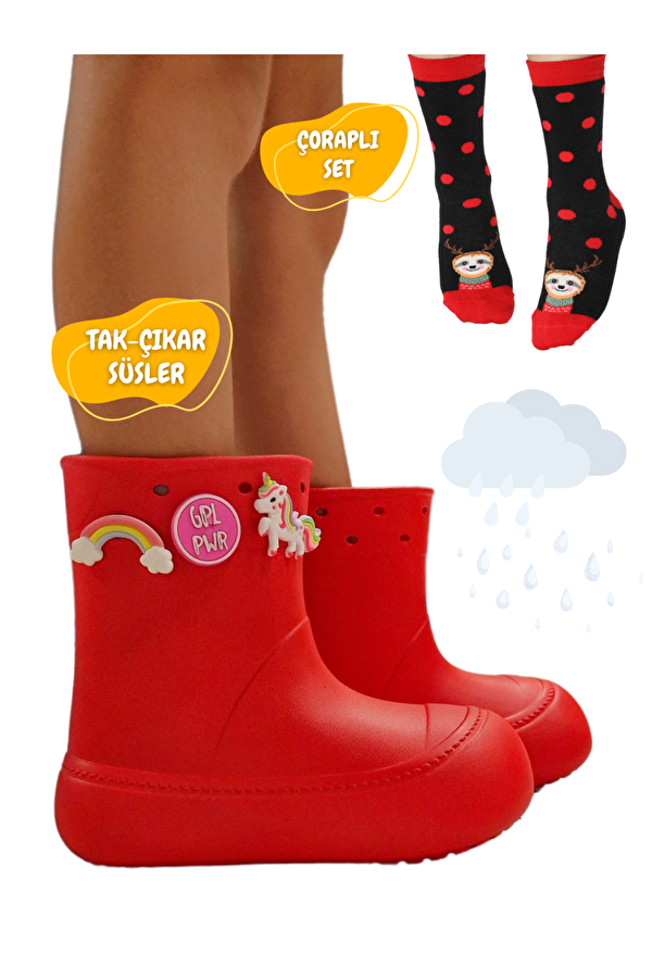 Kırmızı Yağmur Botu + Geyikli+Çorap Set