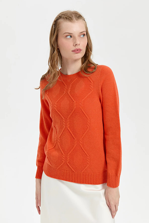 Kadın Sıfır Yaka Dikişsiz Önü Baklava Örgü Yün Kazak 24217 Portakal