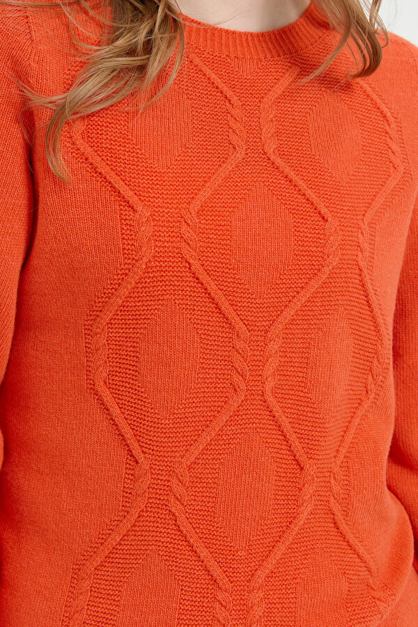 Kadın Sıfır Yaka Dikişsiz Önü Baklava Örgü Yün Kazak 24217 Portakal
