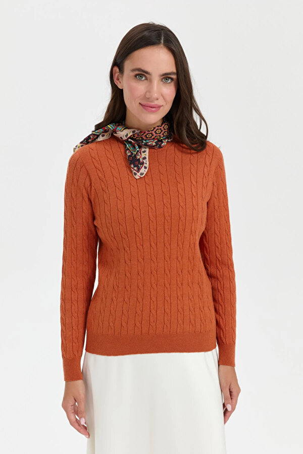 Kadın Sıfır Yaka Saç Örgülü Kazak 3329 Turuncu