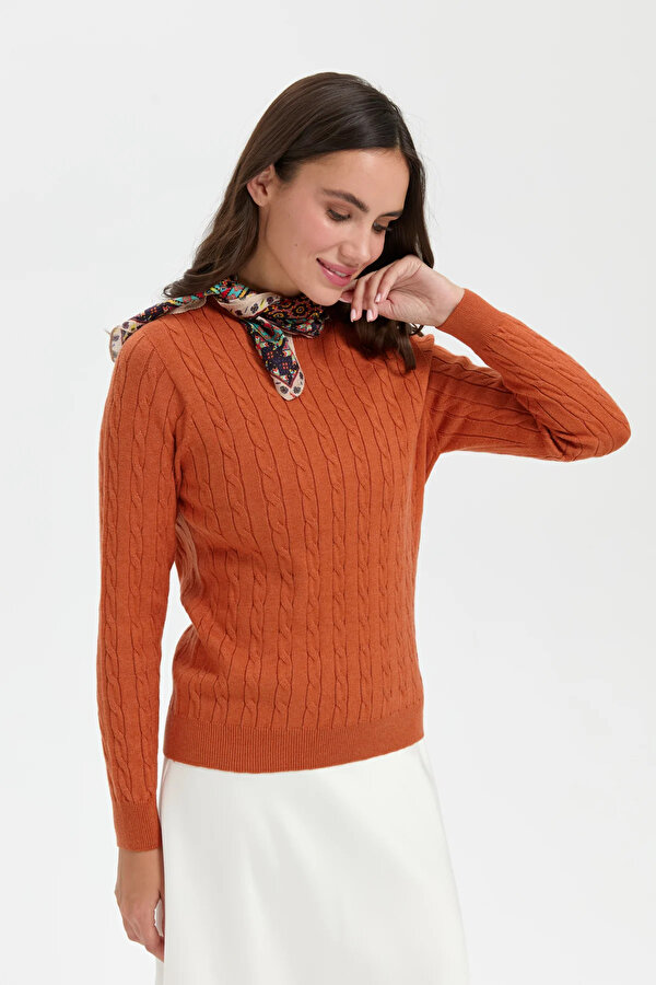 Kadın Sıfır Yaka Saç Örgülü Kazak 3329 Turuncu