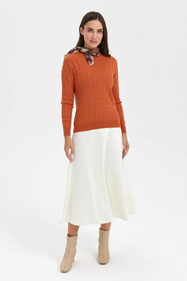 Kadın Sıfır Yaka Saç Örgülü Kazak 3329 Turuncu