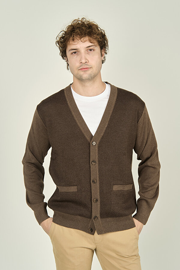 Erkek Cep Detaylı V Yaka Yün Hırka 4490 Vizon