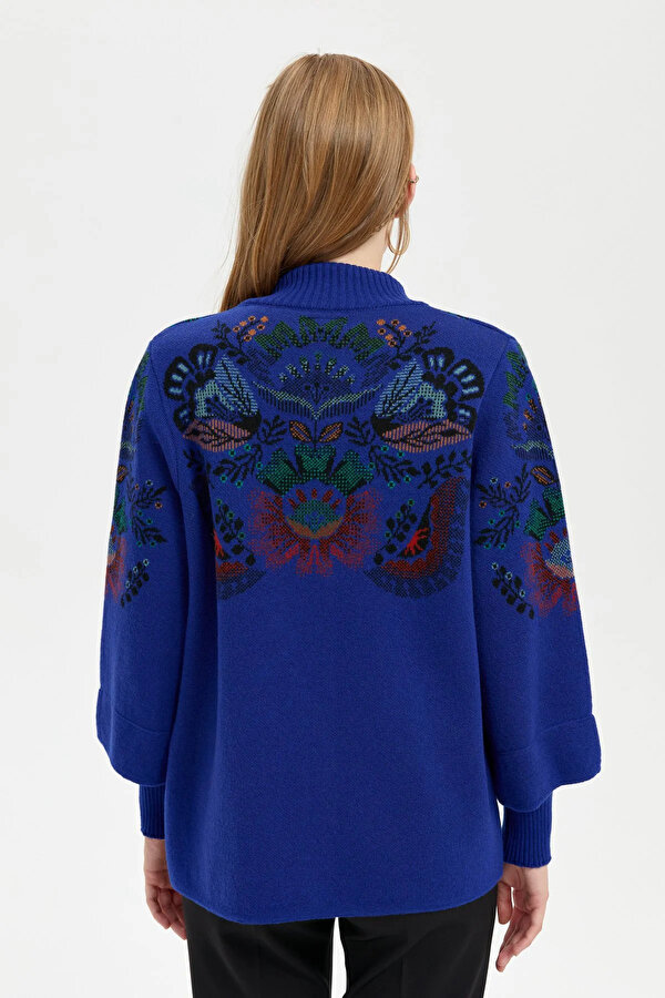 Kadın Dik Yaka Önü Renkli Çiçekli Kısa Yün Ceket 24050 K.S. Mavi