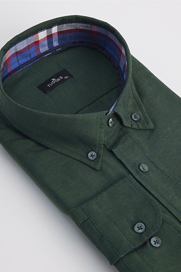 Erkek Big Size Büyük Beden Uzun Kollu Pamuklu Oxford Doku Tek Cepli Haki Düğmeli Yaka Gömlek