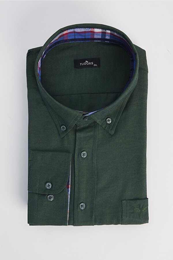 Erkek Big Size Büyük Beden Uzun Kollu Pamuklu Oxford Doku Tek Cepli Haki Düğmeli Yaka Gömlek