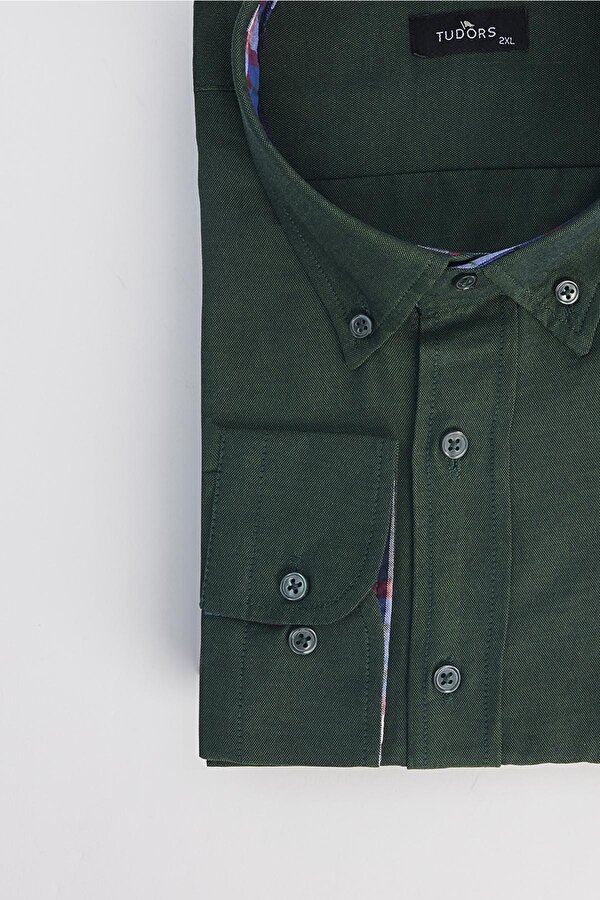 Erkek Big Size Büyük Beden Uzun Kollu Pamuklu Oxford Doku Tek Cepli Haki Düğmeli Yaka Gömlek