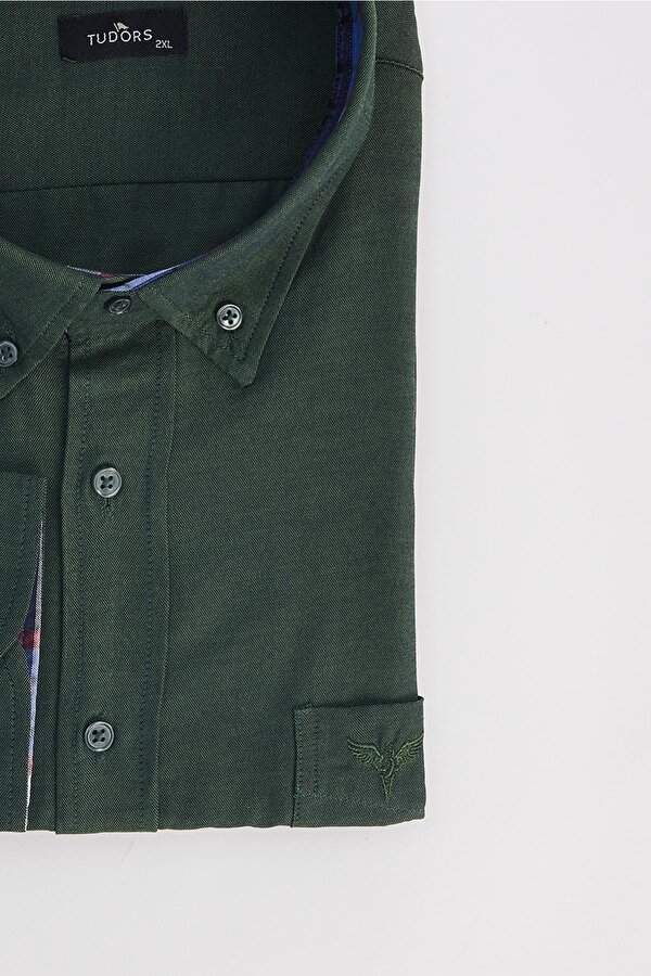 Erkek Big Size Büyük Beden Uzun Kollu Pamuklu Oxford Doku Tek Cepli Haki Düğmeli Yaka Gömlek