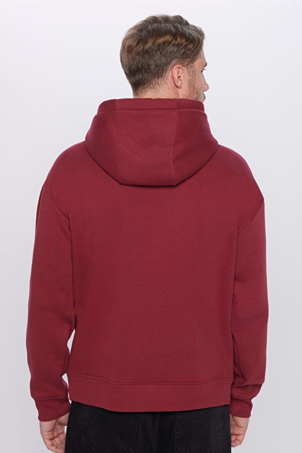 Unisex Oversize Geniş Kesim Pamuklu Yumuşak Dokulu İçi Polarlı Basic Bordo Kapüşonlu Sweatshirt