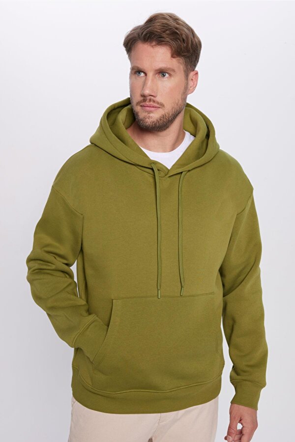 Unisex Oversize Geniş Kesim Pamuklu Yumuşak Dokulu İçi Polarlı Basic Yeşil Renk Kapüşonlu Sweatshirt