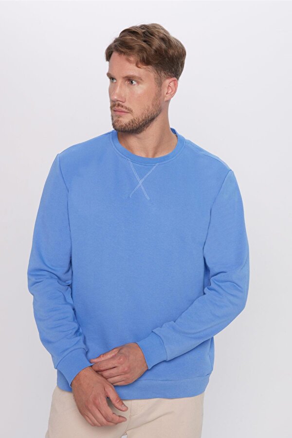 Unisex Relax Fit Rahat Kesim Pamuklu Basic İndigo Renk Bisiklet Yaka Sweatshirt