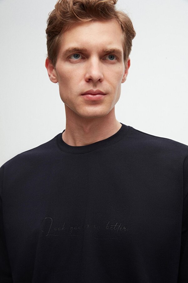 Oversize Lacivert Baskılı %100 Pamuk T-Shirt