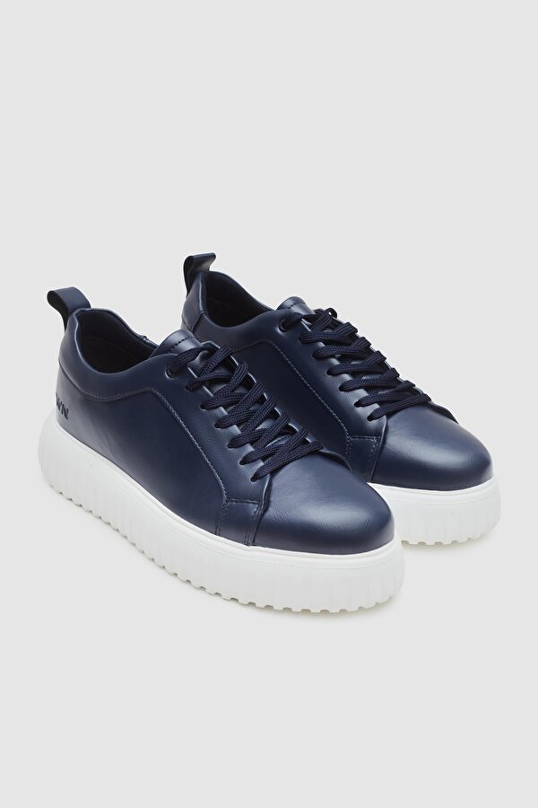 Lacivert Kalın Beyaz Tabanlı Bağcıklı Sneaker Ayakkabi