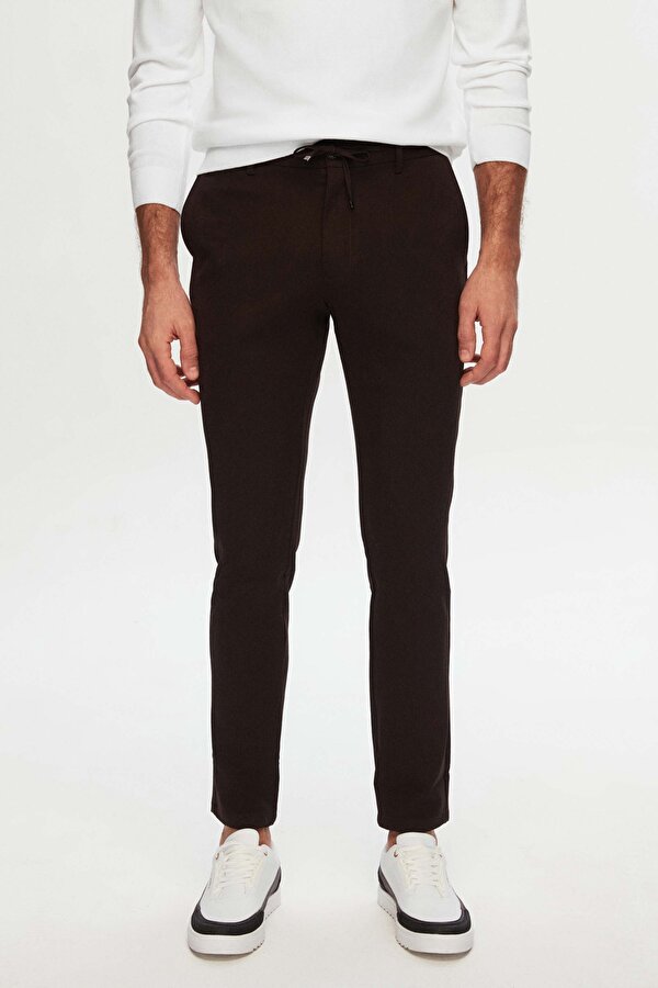 Ds  Slim Fit Kahverengi Beli Lastikli Bağcıklı Fermuarlı Likralı Rahat Jogger Pantolon