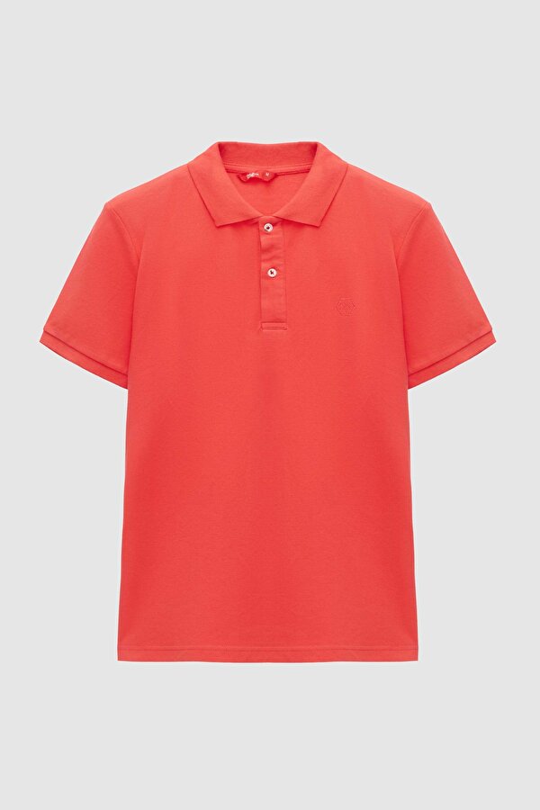 Ds  Regular Fit Flamıngo Pembe Pike Dokulu %100 Pamuk Kıvrılmaz Polo Yaka Nakışlı T-Shirt