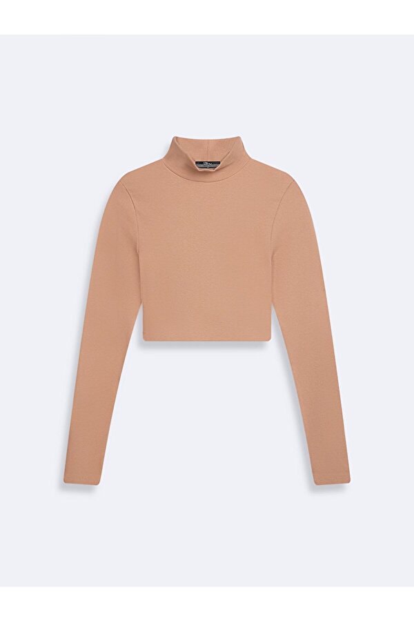 Ince Fitilli Dik Yaka Crop Sweatshırt