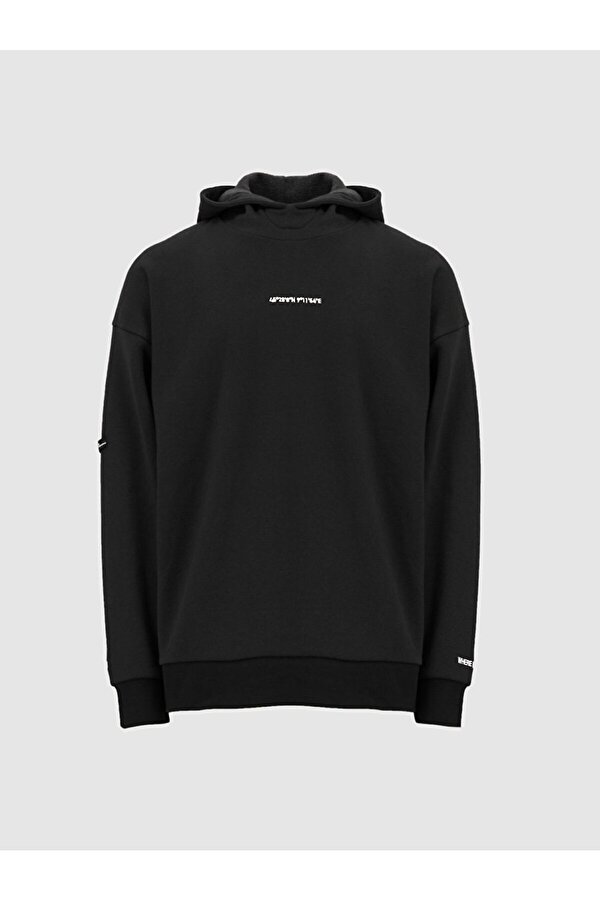 Sloganlı Kapüşonlu Siyah Sweatshırt
