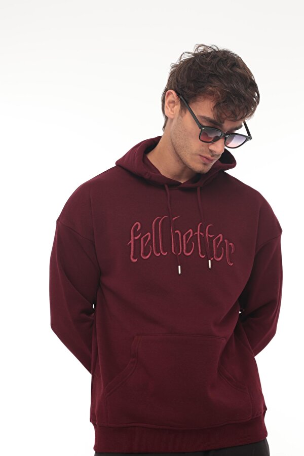 Bordo Fell Better Nakışlı Kapşonlu Üç İplik Oversize Sweatshirt- 2318