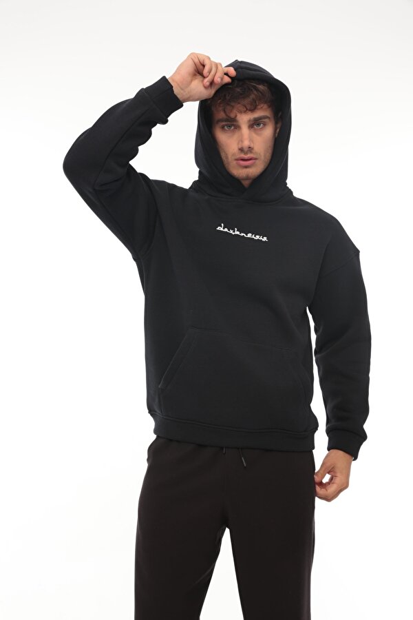 Lacivert Sırtı Etnik Baskılı Kapüşonlu Üç İplik Oversize Sweatshirt-2438