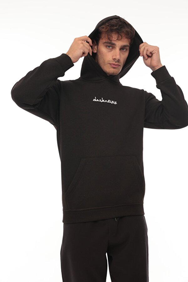 Siyah Sırtı Etnik Baskılı Kapüşonlu  Üç İplik Oversize Sweatshirt-2438