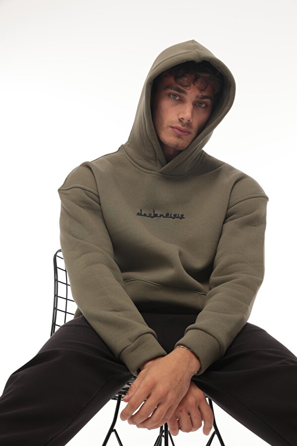 Haki Sırtı Etnik Baskılı Kapüşonlu  Üç İplik Oversize Sweatshirt-2438