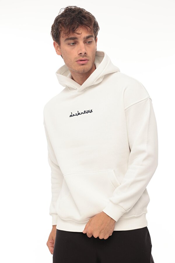 Beyaz Sırtı Etnik Baskılı Kapüşonlu Üç İplik Oversize Sweatshirt-2438