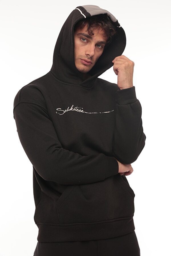 Siyah Sırt Şeritli Kapüşonlu Üç İplik Oversize Sweatshirt-2437