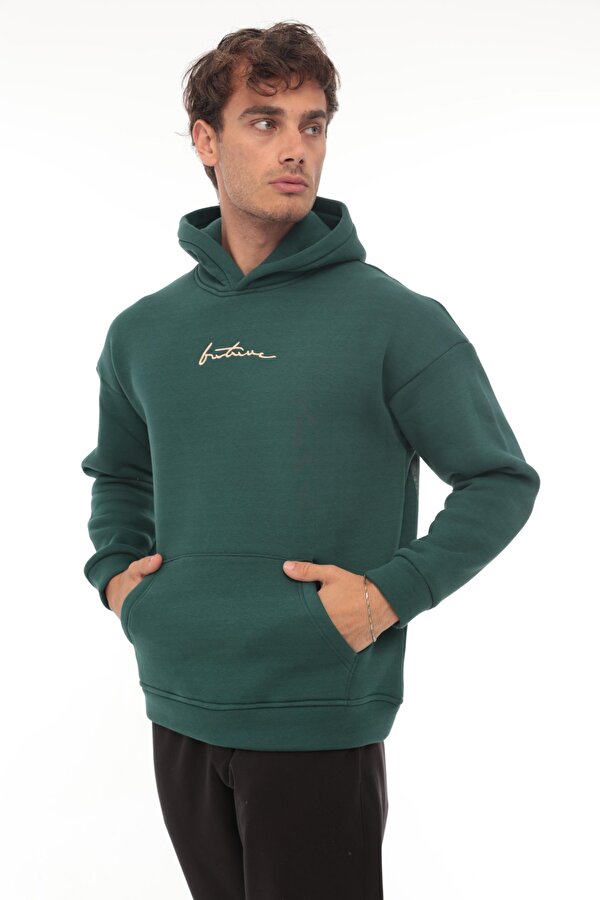 Nefti Sırtı Baskılı Kapüşonlu Üç İplik Oversize Sweatshirt- 2441