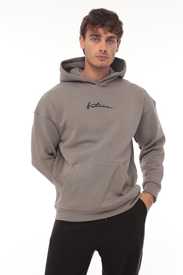 Füme Sırtı Baskılı Kapüşonlu Üç İplik Oversize Sweatshirt- 2441