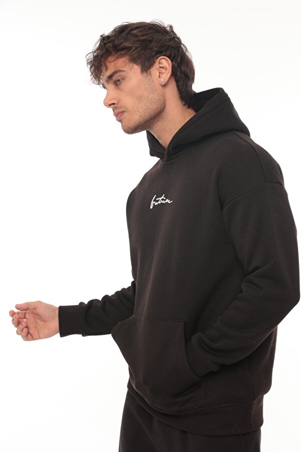 Siyah Sırtı Baskılı Kapüşonlu Üç İplik Oversize Sweatshirt- 2441