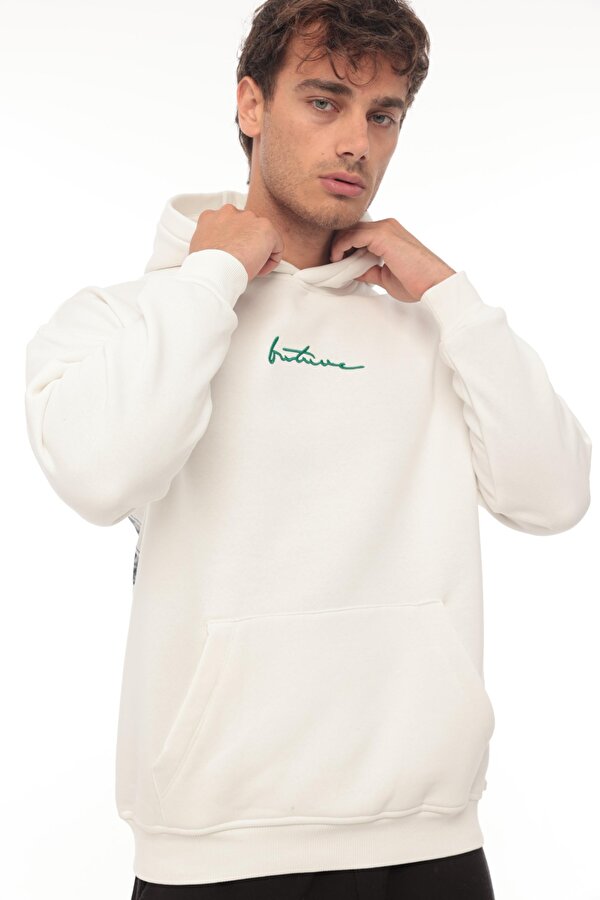 Beyaz Sırtı Baskılı Kapüşonlu Üç İplik Oversize Sweatshirt- 2441