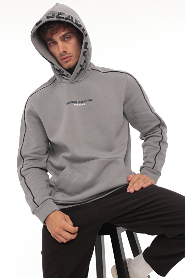 Füme Kapüşon Baskılı Üç İplik Oversize Sweatshirt- 2440