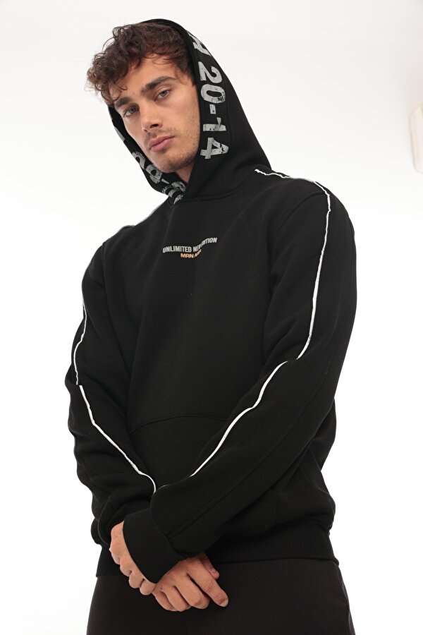 Siyah Kapüşon Baskılı Üç İplik Oversize Sweatshirt- 2440