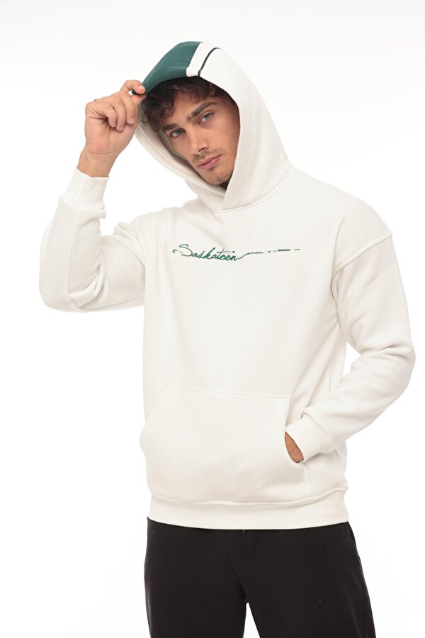 Beyaz Sırt Şeritli Kapüşonlu Üç İplik Oversize Sweatshirt-2437