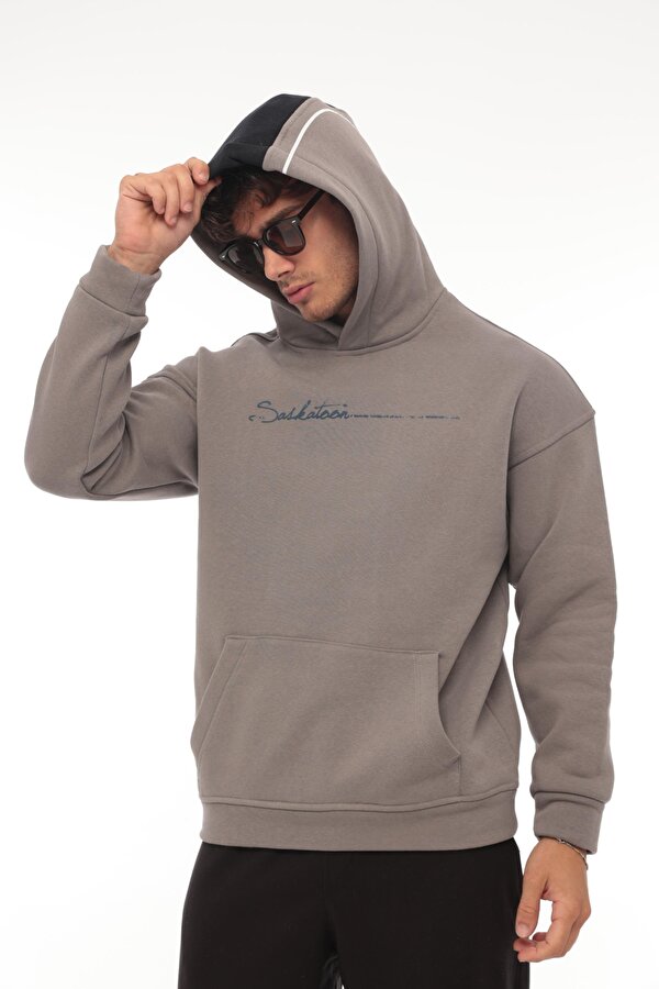 Füme Sırt Şeritli Kapüşonlu Üç İplik Oversize Sweatshirt-2437