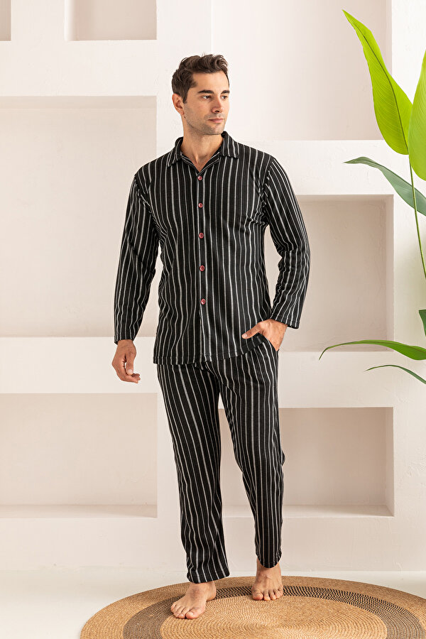 Erkek Jakarlı Düğmeli Pamuk Pijama Takımı- Çizgili Erkek Pijama