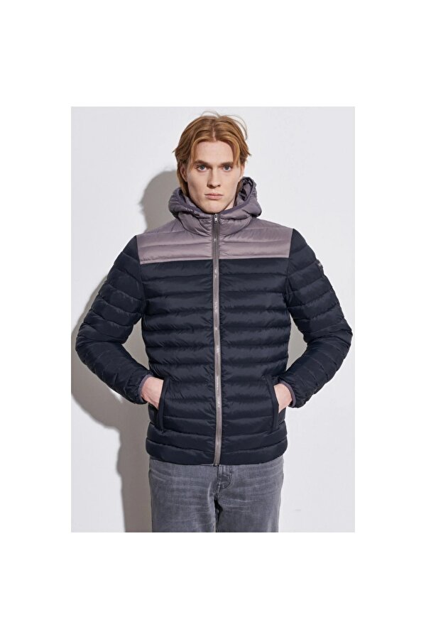 Padded Erkek Siyah Kapüşonlu Mont
