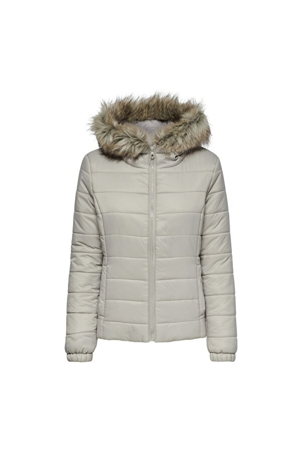 Hood Fur Padded Kadın Gri Kapüşonlu Mont